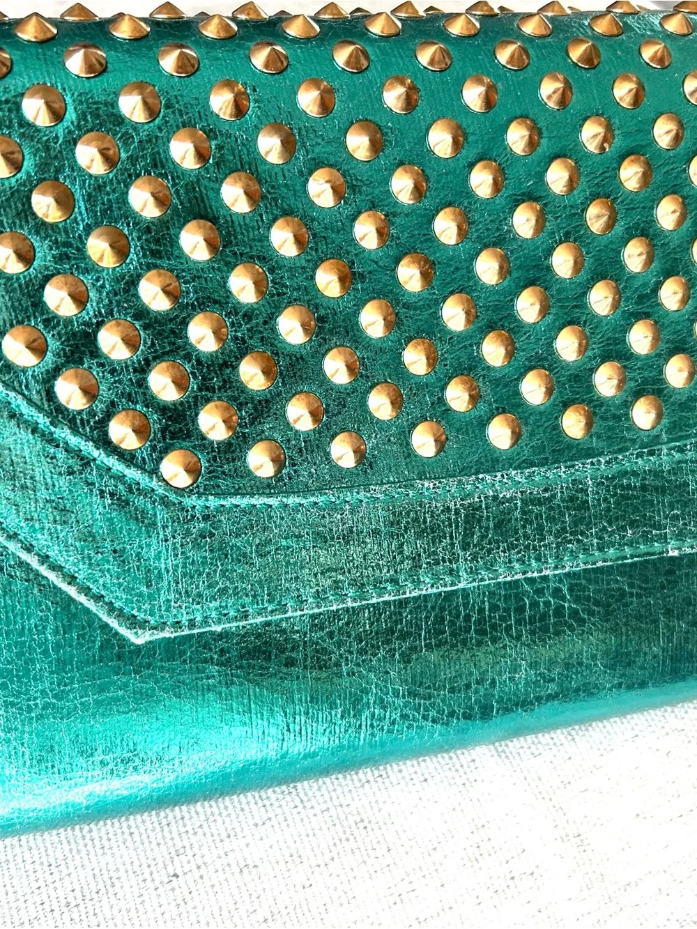 Metallic Teal Studded Chain Clutch